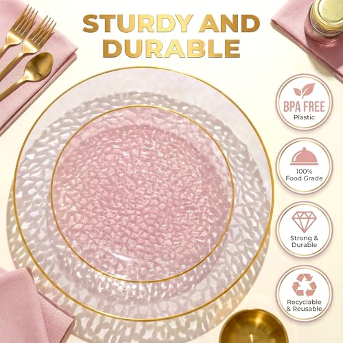 I00000 150Pcs Clear Pink Plastic Plates with Gold Rim,Pink Disposable Plates,Clear Hammer Patterned Disposable plates Set include 30 Dinner Plate,30 Dessert Plate,90 Plastic Silverware Set for Party - color: Clear Pink