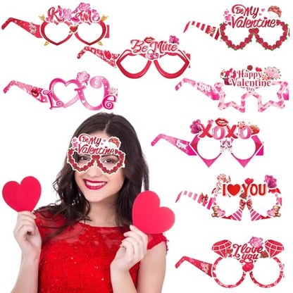 8 Pcs Happy Valentine's Day Party Eyeglasses Photo Props Heart Diamond Lips Roses Paper Glasses Photo Prop Pink Valentine's Day Engagement Wedding Anniversary Party Favors Supplies Decorations