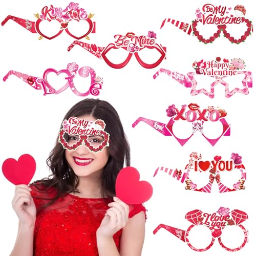 8 Pcs Happy Valentine's Day Party Eyeglasses Photo Props Heart Diamond Lips Roses Paper Glasses Photo Prop Pink Valentine's Day Engagement Wedding Anniversary Party Favors Supplies Decorations