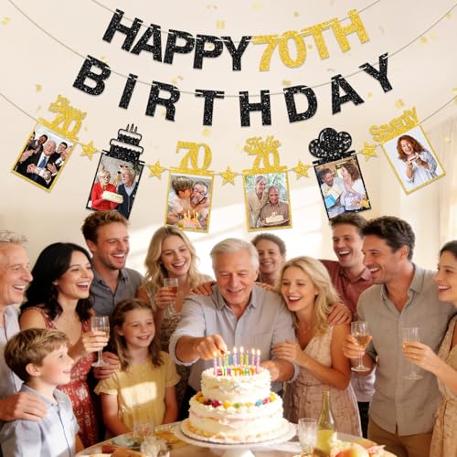 Guiruiy Black Gold 70th Birthday Decorations for Men Women, Pre-strung Glitter Happy 70th Birthday Hanging Photo Banner Party Supplies, Cheers to 70 Years Old Bday Banners - style: Black Gold 70th