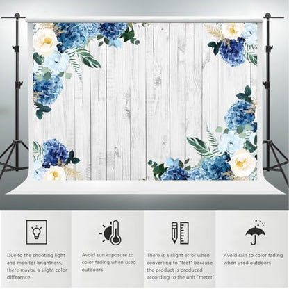 YongFoto Boho Rustic Wood Plank Wall Backdrop 10x6.5ft Blue Floral Hydrangeas Camellia Flowers Green Leaves Plants Spring Photography Background Birthday Wedding Bridal Baby Shower Party Banner - size: 10x6.5ft