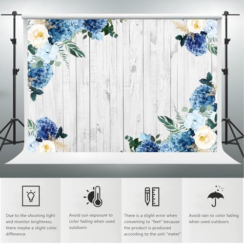 YongFoto Boho Rustic Wood Plank Wall Backdrop 8x6ft Blue Floral Hydrangeas Camellia Flowers Green Leaves Plants Spring Photography Background Birthday Wedding Bridal Baby Shower Party Banner - size: 8x6ft