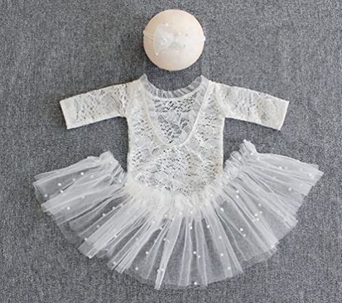 Baby Photography Props Outfit Lace Rompers Newborn Girl Photo Shoot Outfits Flower Headband Princess Costume - color: White B
