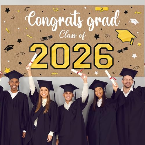 Feifeiya Kraft Paper Graduation Backdrop 2026-62" x 31" Large Brown Congrats Grad Banner Class of 2026 Black and Gold Grad Photography for Wall Graduation Party Classroom Decoration