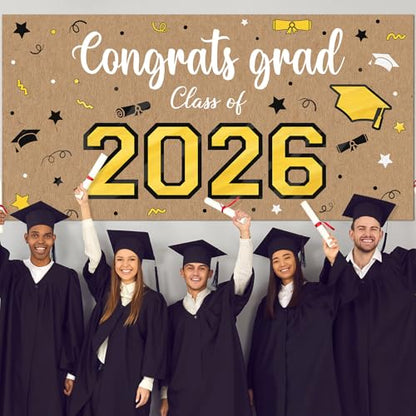 Feifeiya Kraft Paper Graduation Backdrop 2026-62" x 31" Large Brown Congrats Grad Banner Class of 2026 Black and Gold Grad Photography for Wall Graduation Party Classroom Decoration