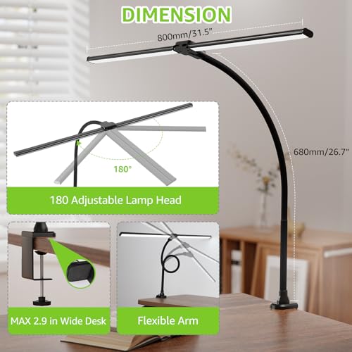 ShineTech LED Desk Lamp for Home Office, 3000K Warm White Double Head Architect Task Lamps with Clamp, Dimmable Adjustable Flexible, Black - color: 3000K- Warm White