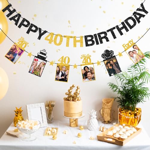 Guiruiy Pre-strung Happy 40th Birthday Photo Banner Decorations for Men Women, Black Gold Glitter Hello 40 Birthday Photo Hanging Banner Party Supplies, Cheers to 40 Years Old Bday Sign - style: Black Gold 40th