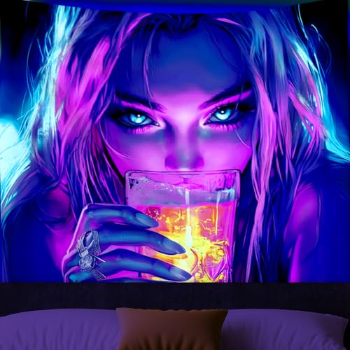 WEBEEDY Black Light Cool Anime Girl Tapestry for Bedroom, UV Reactive Aesthetic Tapestry Glow in The Dark Party Backdrop Decoration for Dorm Living Room Home Photo Shoot Prop (59"x51"/150x130cm)