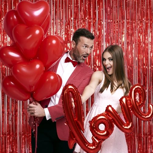 Red Tinsel Fringe Backdrop, Melsan 3.2 x 8 ft Red Metallic Foil Curtains Streamer for Birthday, Anniversary, Photo Booth for Party,2 Packs - color: Red, size: 3.2 x 8 ft