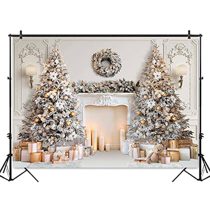 Mocsicka Classic Christmas Interior Room Photography Backdrop White Christmas Fireplace Photo Background Decorated Xmas Tree Family Kids Holiday Party Banner Decorations Photo Booth Props (10x8ft) - size: 10x8ft