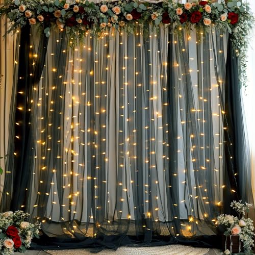 Black Sheer Backdrop Curtains with Lights String for Parties Birthday 10ft × 8ft Black Tulle Backdrop Curtain for Baby Shower Wedding Graduation Halloween Party Photo Shoot Decorations - color: Black, size: 10 ft X 8 ft(2 Panels 5ft X 8ft)