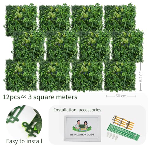 Artificial Grass Wall Panels, 12pcs 20"x20" Greenery Backdrop Mats for Privacy Screening Fence, Outdoor Plant Leaves Garden Decor, Indoor Green Wall