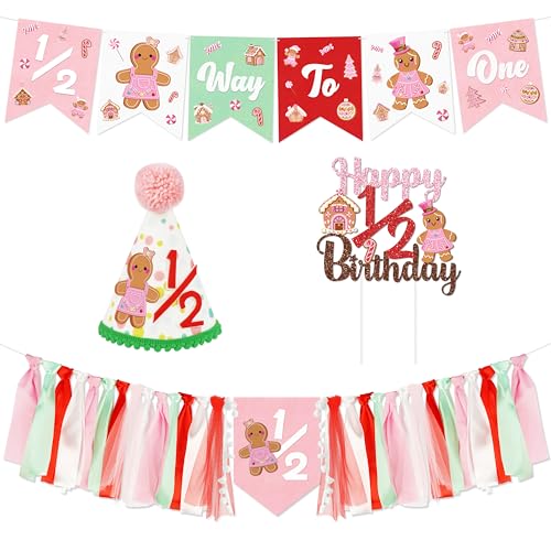 1/2 Birthday Christmas Half Birthday Decorations - Christmas It's My 1/2 Bday Banner Glitter Cake Topper Tassel High Chair Banner & Cone Hat Halfway to One Boy Girl Party Supplies - color: Red
