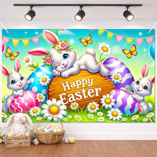 BlissYard Happy Easter Banner 71x43 Inch Cute Bunny Egg Spring Party Backdrop Kids Easter Decorations for Egg Hunt Classroom Yard Porch Garden Holiday Celebration Display Decor - color: Easter Bunny#4