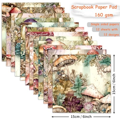 BLEDS 24 Sheets Craft Scrapbook Papers 6x6 Mushrooms Design Scrapbooking Supplies Single-Side Print 160 gsm Nature Card Making for Junk Journal Decorative Album Art Craft Die Cutting Tags - color: 6x6 Mushroom