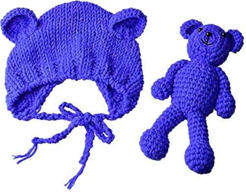 ECYC Newborns Crochet Beanie with Bear Doll Baby Picture Outfits Photography Bat - color: Navy