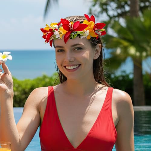 Hawaiian Leis Flower Crown, Tropical Floral Headband, Artificial Hawaii Floral Headpiece with Ribbon, Lei Hula Dance Dress Up Accessory for Girls Women Summer Beach Pool Party Supplies - color: Red-Orange