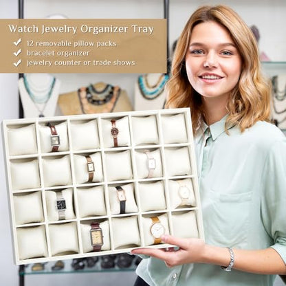 Henoyso 2 Pieces 24 Grid Velvet Watch Tray Jewelry Organizer Stackable Watch Bracelet Bangle Display Holder Adjustable Pillow(Beige) - color: Beige, size: 24 Grid
