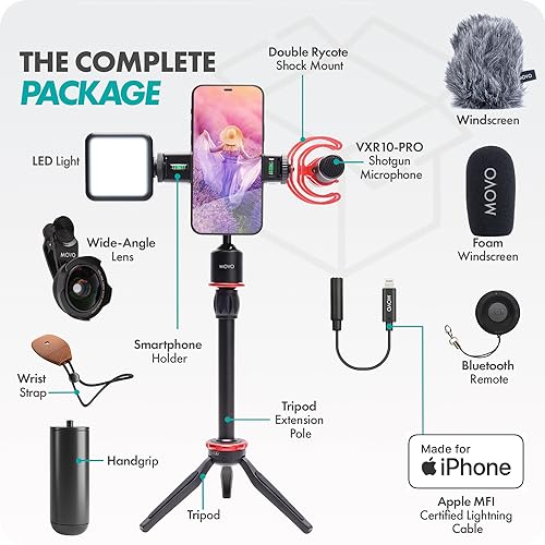 Movo iVlog1 Vlogging Kit - iPhone Lightning Compatible YouTube Starter Kit - Shotgun Microphone, Mini Tripod, LED Light, Wide-Angle Lens, Lightning Adapter - size: Lightning