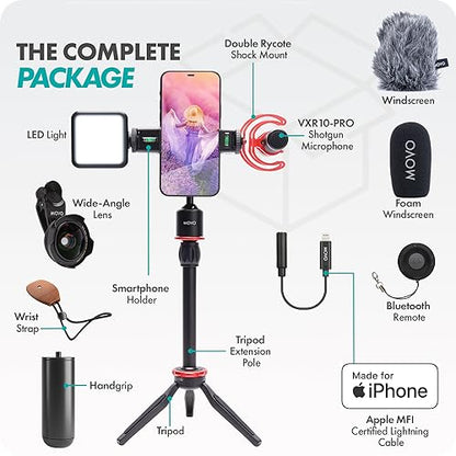 Movo iVlog1 Vlogging Kit - iPhone Lightning Compatible YouTube Starter Kit - Shotgun Microphone, Mini Tripod, LED Light, Wide-Angle Lens, Lightning Adapter - size: Lightning