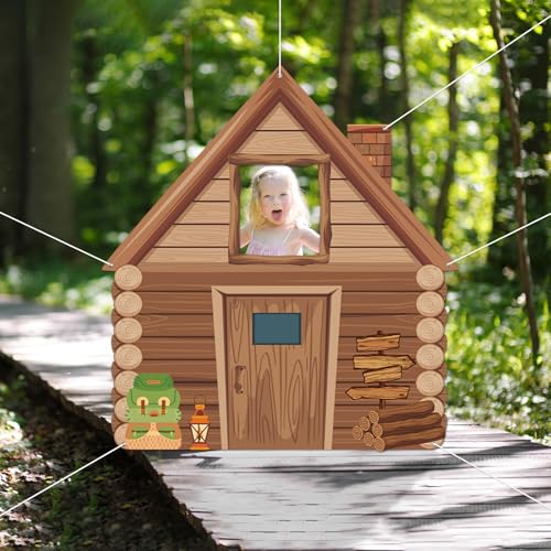 Camping Party Decorations Photo Prop Selfie Frame Happy Camper Photo Booth Props Rustic Wooden Cabin Banner Sign Supplies for Camping Adventure Birthday Party Baby Shower Wedding Home Decor