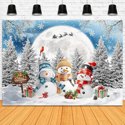 Christmas Snowman Backdrop 7x5ft Merry Christmas Snowy Forest Photography Background Party Decorations Winter Wonderland Xmas Moon Banner Photo Booth Props - size: 7x5ft