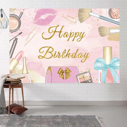 6x4ft Spa Happy Birthday Backdrop Pink Cosmetics Make Up Photography Background Girls Princess Sweet 16 Birthday Party Banner Decoration Supplies Photo Booth Props - size: 6x4ft