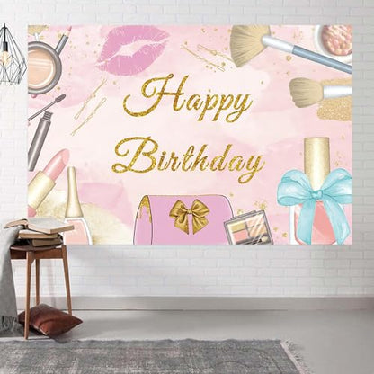 9x6ft Spa Happy Birthday Backdrop Pink Cosmetics Make Up Photography Background Girls Princess Sweet 16 Birthday Party Banner Decoration Supplies Photo Booth Props - size: 9x6ft