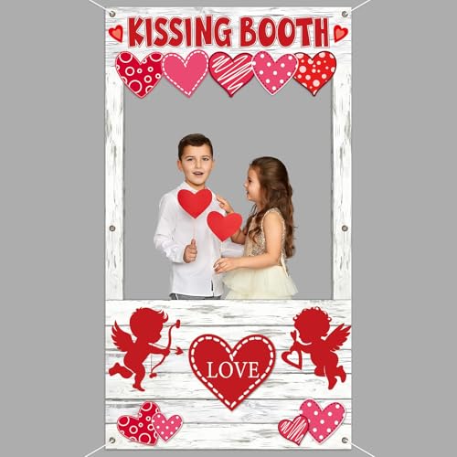 Valentine's Day Party Decorations Kissing Booth Theme Photo Booth Props Cupid Love Heart Banner Valentine Picture Frame for Couple Restaurant Wedding Backdrop Valentines Theme Party Favors Supplies