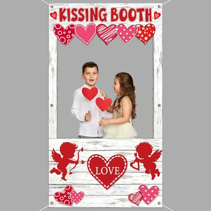 Valentine's Day Party Decorations Kissing Booth Theme Photo Booth Props Cupid Love Heart Banner Valentine Picture Frame for Couple Restaurant Wedding Backdrop Valentines Theme Party Favors Supplies