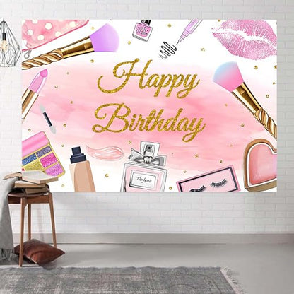 8x6ft Spa Happy Birthday Backdrop for Girls Pink Cosmetics Photography Background Birthday Makeup Theme Party Sweet 16th Decoration Supplies Photo Booth Props - size: 8x6ft
