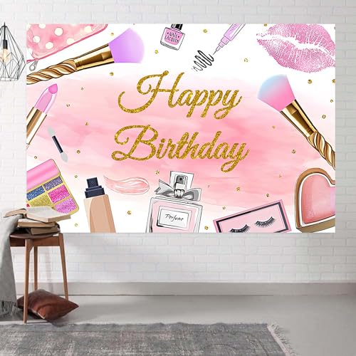 9x6ft Spa Happy Birthday Backdrop for Girls Pink Cosmetics Photography Background Birthday Makeup Theme Party Sweet 16th Decoration Supplies Photo Booth Props - size: 9x6ft