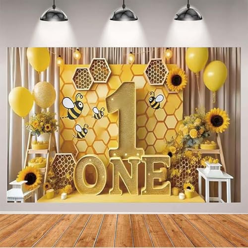 Bee 1st Birthday Backdrop Sunflower Balloons One Birthday Background Kids Girl Bee Birthday Party Decorations Baby Shower Party Banner Cake Table Photo Booth Props (D, 5X3FT) - color: D, size: 5X3FT