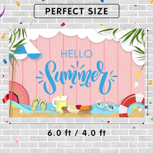Maicaiffe Hello Summer Backdrop Banner Decor - 6x4 ft Hawaiian Pool Beach Party Photography Background Poster Sign - Summer Tropical Birthday Wedding Retirement Party Photography Prop Booth Decor
