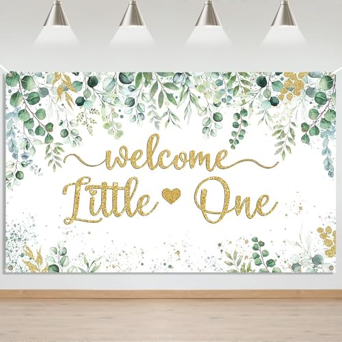 Mocsicka Greenery Baby Shower Banner - Welcome Little One Neutral Baby Shower Decorations Background, Eucalyptus Greenery Leaves Boy Girl Party Photo Props