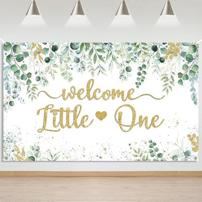 Mocsicka Greenery Baby Shower Banner - Welcome Little One Neutral Baby Shower Decorations Background, Eucalyptus Greenery Leaves Boy Girl Party Photo Props