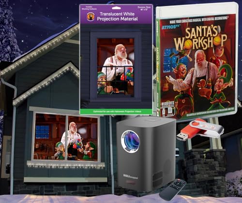 Christmas Digital Decoration Kit Includes AtmosFX Santa's Workshop with 5 Video Effects for Christmas Plus HD Super Bright Projector and 48” x 72” Holographic Projection Screen