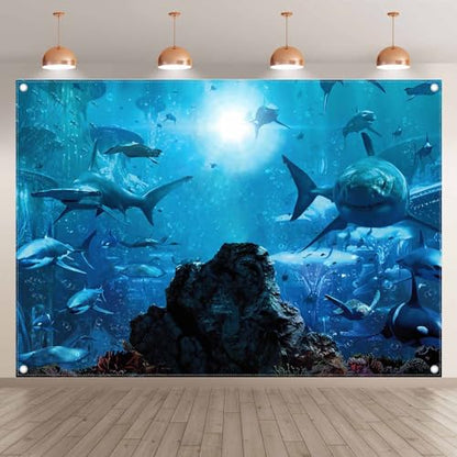 Fabric 7x5ft Shark Theme Photography Backdrop Underwater Deep Ocean Animals Fish Background Aquarium Kids Party Decorations Photo Banner Props - size: 7'x5'