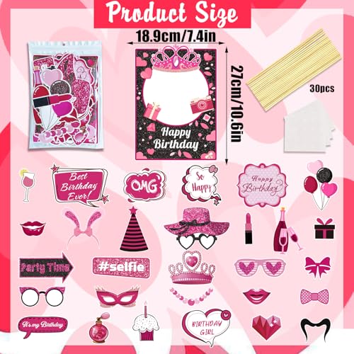 30 Pcs Pink Girls Birthday Photo Booth Props Kit - Hot Pink Princess Birthday Party Decoration Set with Real Glitter Cute Designs for Her, Funny Selfie Photo Booth Props for Kids Girls Any Bday Party
