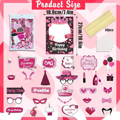 30 Pcs Pink Girls Birthday Photo Booth Props Kit - Hot Pink Princess Birthday Party Decoration Set with Real Glitter Cute Designs for Her, Funny Selfie Photo Booth Props for Kids Girls Any Bday Party