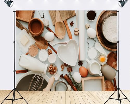 Trykid 10x7ft Baking Ingredients Heart Backdrop Rustic Culinary Texture Photography Background Brunch Event Baking Workshop Wedding Shower Wedding Party Decoration Photo Booth Prop Fabric - size: 10x7ft