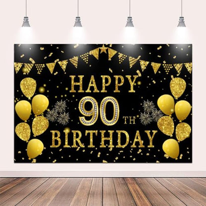 5x3ft Happy 90th Birthday Party Photography Backdrop, Glitter Black and Gold Balloons Background for Woman Man Fabulous 90 Bday Shining Diamond Ninety Years Old Birthday Party Supplies - color: 90th, size: 5x3ft
