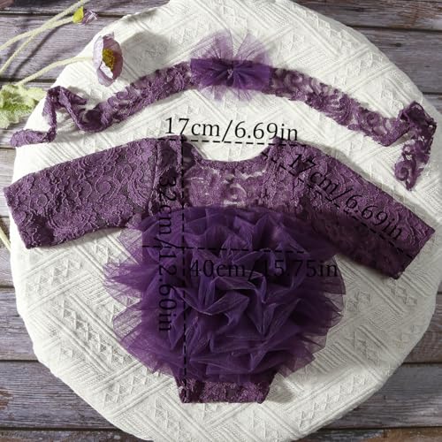 Newborn Photography Outfits Girl Baby Photography Props Lace Romper with Headress Newborn Outfits Girls Photo Props - color: Purple