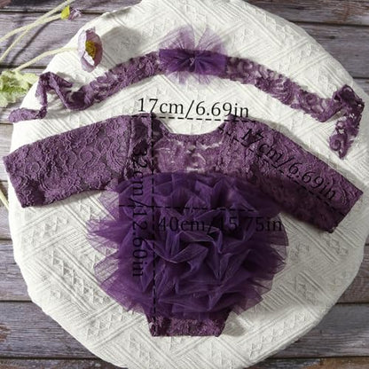 Newborn Photography Outfits Girl Baby Photography Props Lace Romper with Headress Newborn Outfits Girls Photo Props - color: Purple