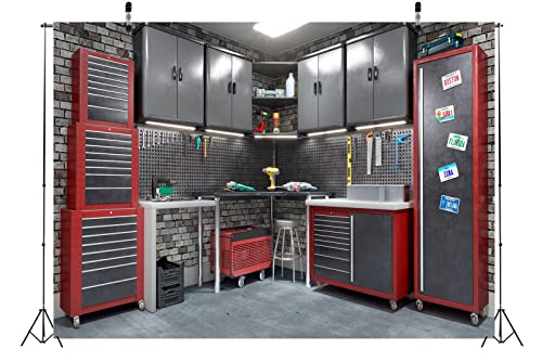 BELECO 5x3ft Fabric Modern Garage Backdrops for Photography Interior Repair Tools Cabinet Toolbox Tools Shelf Background for Mechanic Theme Party Decorations Birthday Photoshoot Photo Booth Props - size: 5x3FT