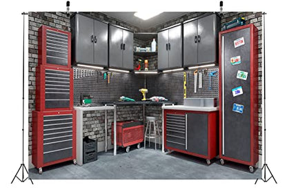 BELECO 7x5ft Fabric Modern Garage Backdrops for Photography Interior Repair Tools Cabinet Toolbox Tools Shelf Background for Mechanic Theme Party Decorations Birthday Photoshoot Photo Booth Props - size: 7x5FT