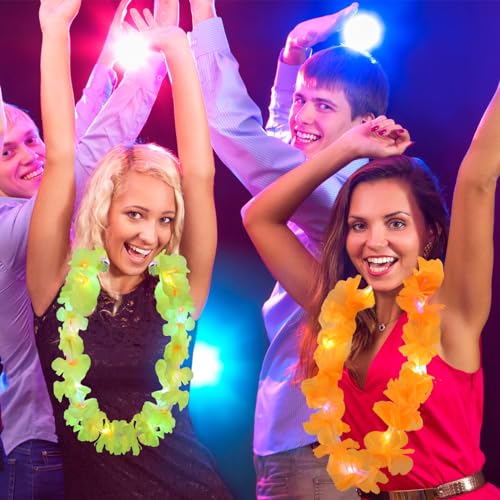 Sherr 24 Pcs LED Leis Light up Wedding Hawaiian Leis Flower Necklace with LED Lights Beach Tropical Carnival Party Wedding Supplies Luau for Masquerade(Summer Color) - color: Summer Color