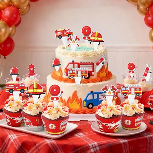 48 Pack Fire Truck Cupcake Toppers and Wrappers, Firefighter Fireman Party Cake Decoration for Firefighting Theme Birthday Party Baby Shower Supplies - style: Fire Truck
