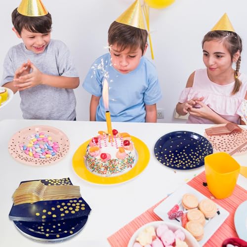 Serve 35 Guests Navy Blue and Gold Party Supplies,7 Inch Blue and Gold Paper Plates and Napkins for Birthday Wedding Retirements Graduation Party - color: Dark Blue Gold Dot Paper Plate