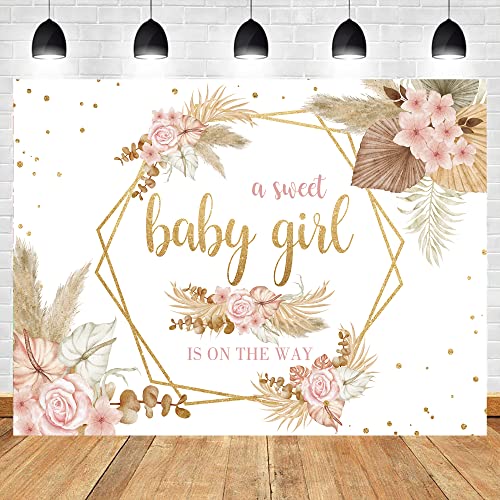 Boho Baby Girl Backdrop 8Wx6H Feet Polyester Fabric Baby Shower Blush Pink Floral Leaves Pampas Grass Gold Dots Pretty Decoration Decoration for Kid Photography Background Photo Shoot Props - color: 01Baby Shower, size: 8Wx6H
